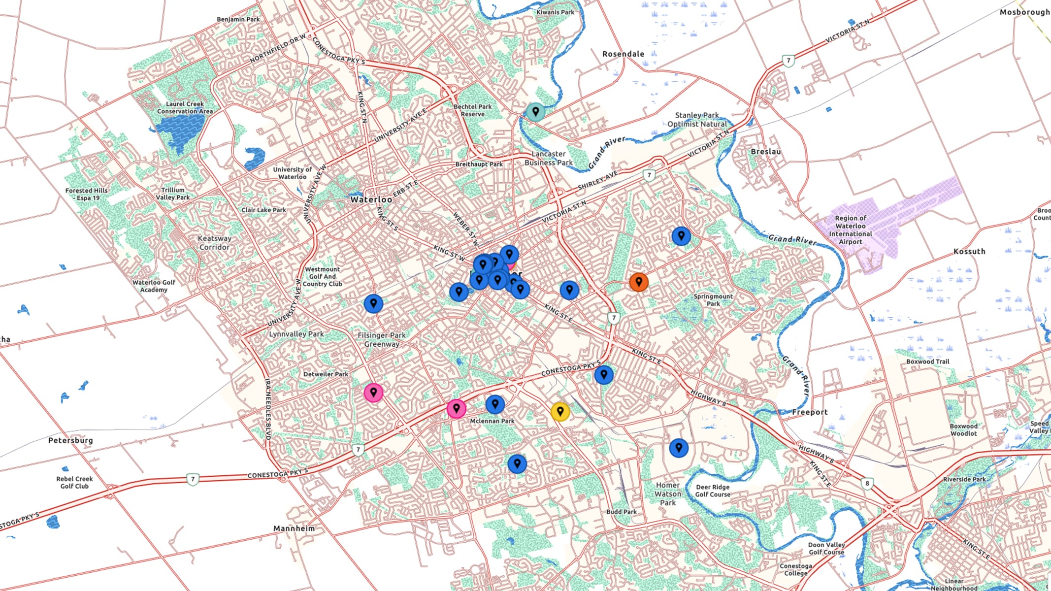 A city map with colored markers and symbols representing shared geographic information