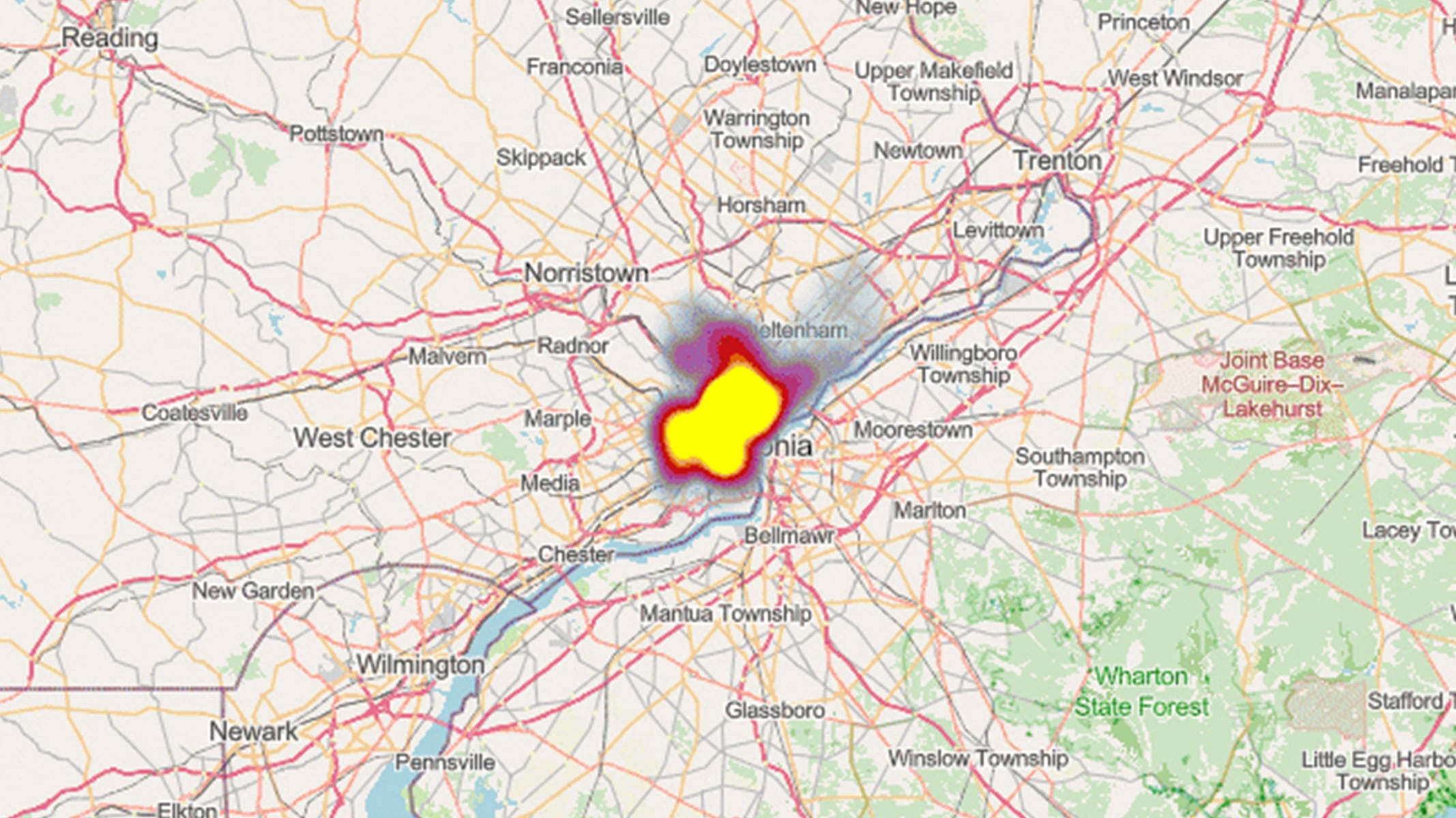 A highway map of Pennsylvania and New Jersey with a highlighted hotspot of data