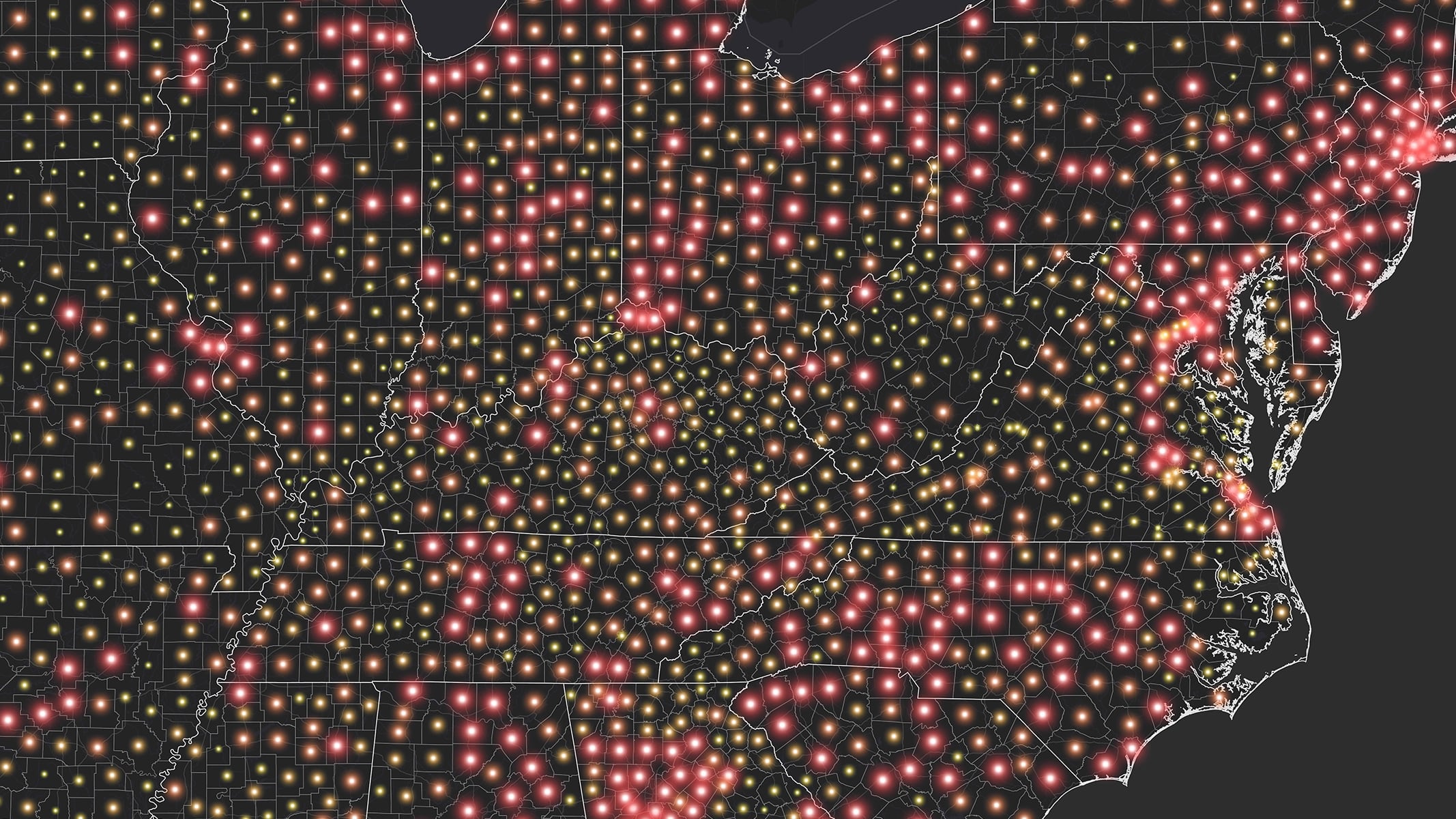 A map of Iowa filled with colored dots representing geographic data points
