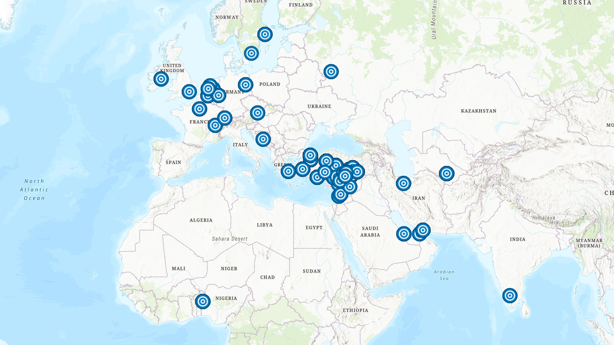 A map with clustered blue location markers distributed across a coastal region
