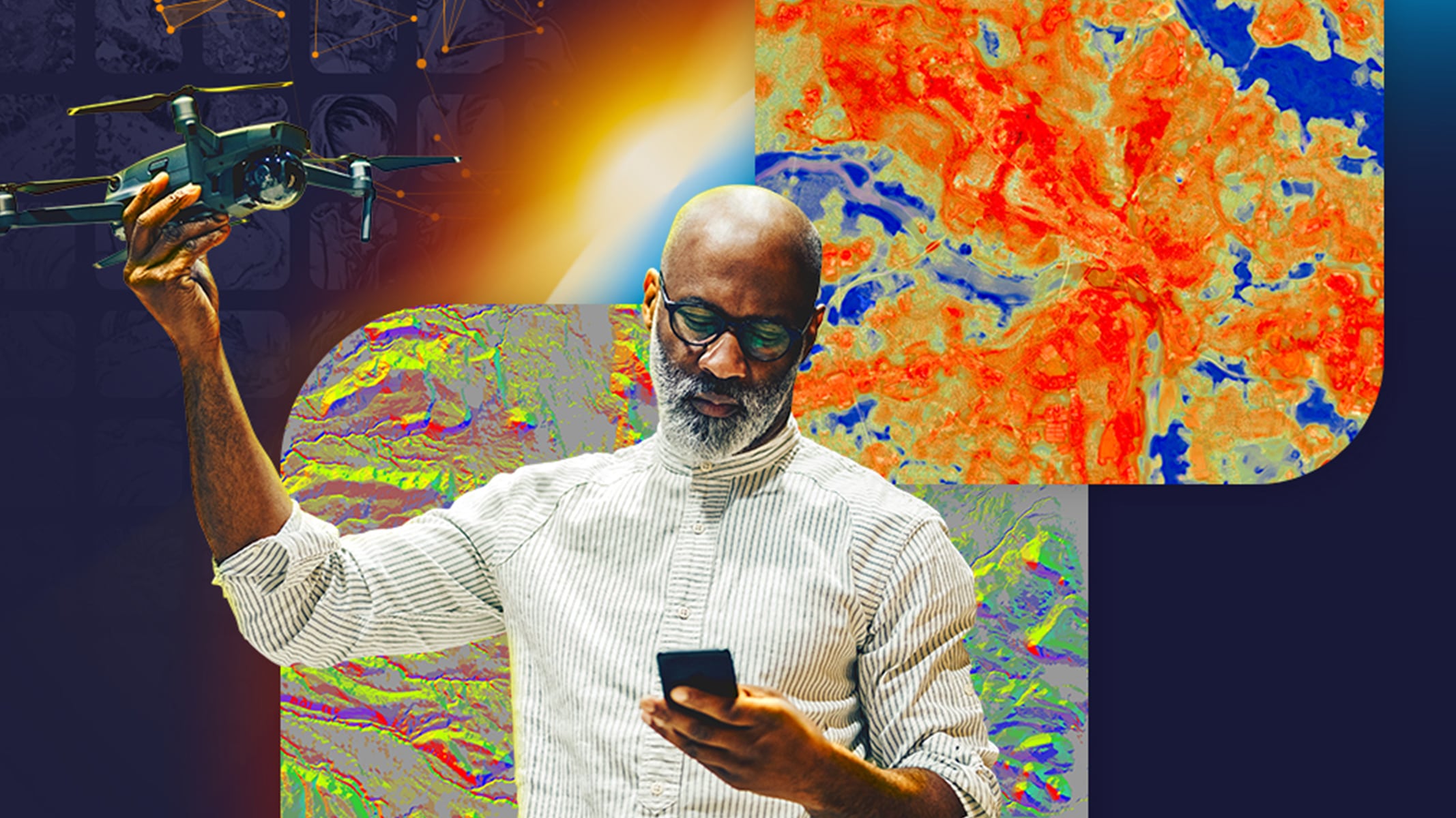 A presenter standing in front of colorful satellite imagery and data visualizations
