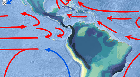 A map showing Mexico and the top part of South America with many red and blue arrows moving in a pattern around the continents