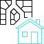Light blue illustration icon of a house with parcels behind representing land records, assessment, and property tax.