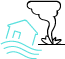 Light blue illustration icon of a house with flooding and a tornado behind representing an emergency.