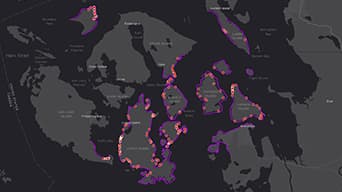 Black map of the world with pink and purple plotted data points in various nations