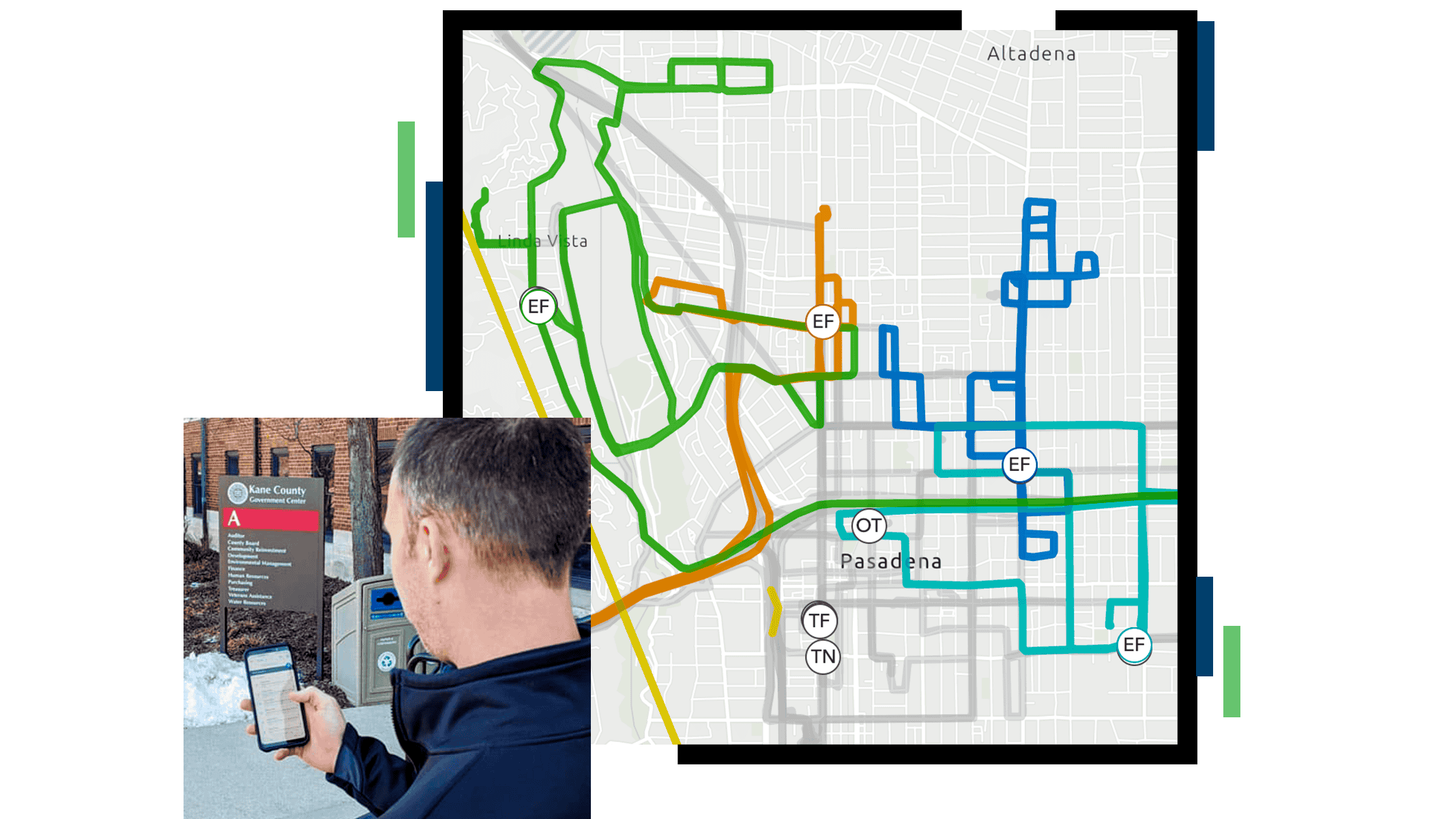 Person looking at a cell phone screen outside the Kane County Government Center and a map will poll iocation routes around Pasadena, California