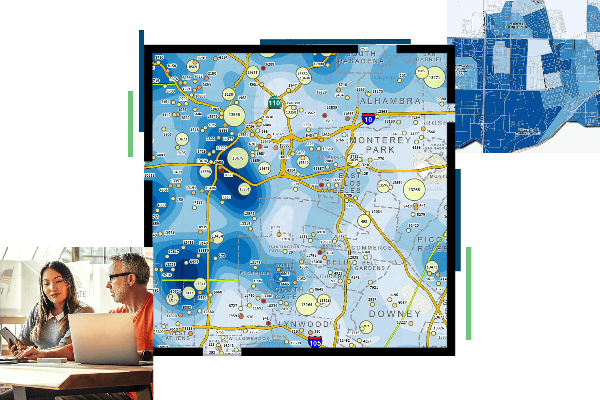 Two poll workers looking at a tablet, a map of polling places near Los Angeles California, and a precinct boundary map