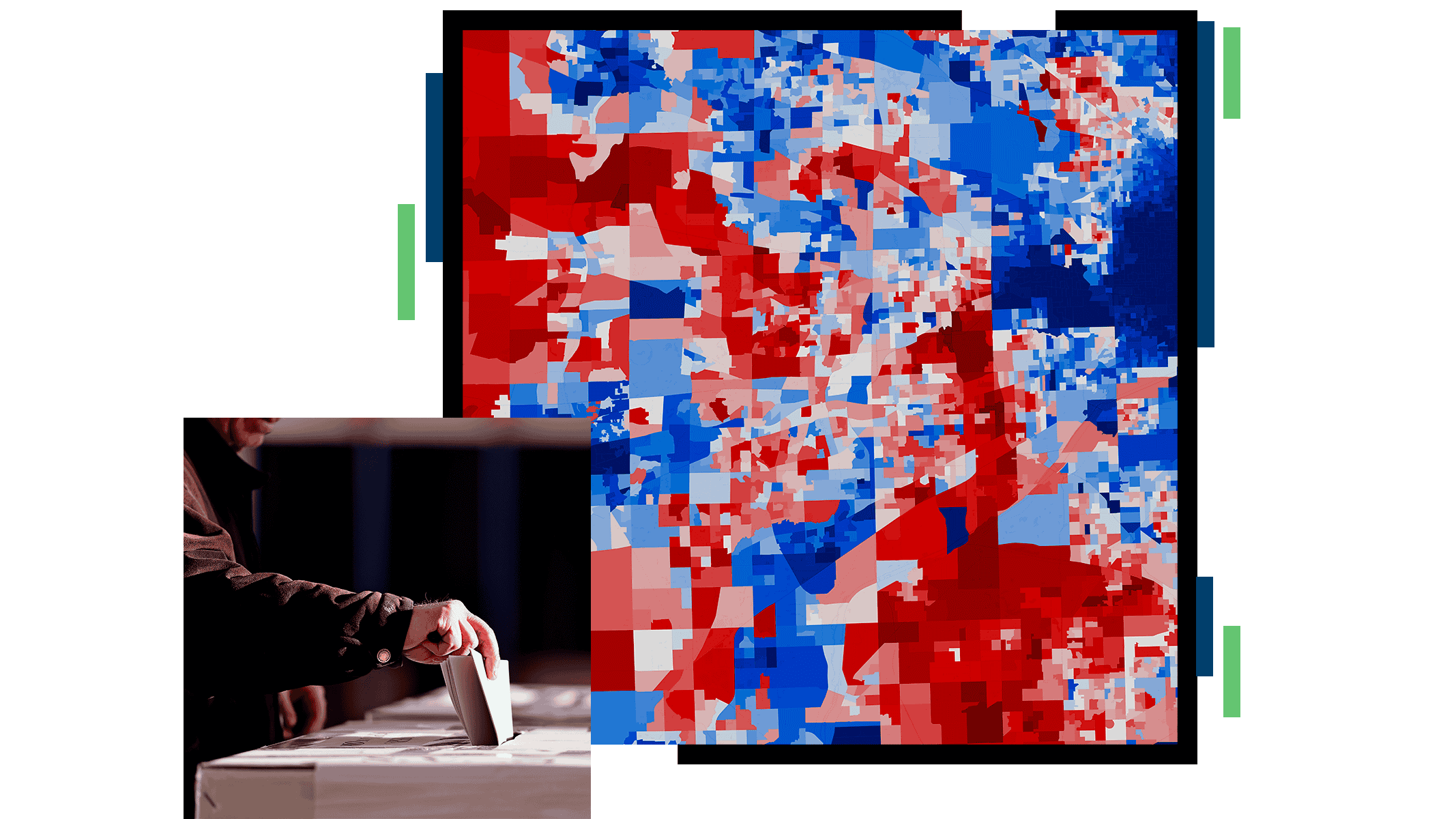 Photo of an arm and a hand inserting a ballot into a ballot box and a voter precinct map in blue, red, and brown