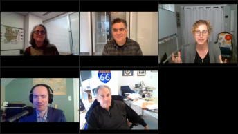 A screenshot of five smiling people calling into a video call, each from a different screen