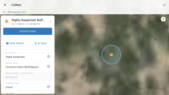 The ArcGIS Field Maps interface overlaid with a play button