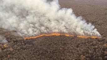 Aerial view of a forest area on fire with smoke filling the air