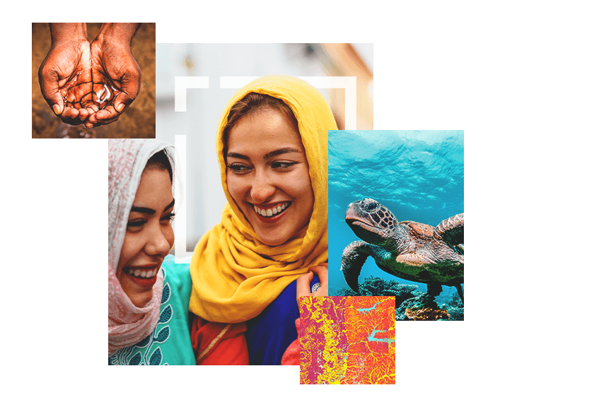 Women wearing headscarves and laughing, hands cupped together, a sea turtle, and a map with red and yellow shaded areas.