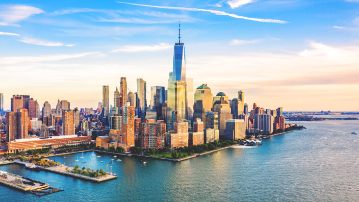 New York City skyline as seen offshore.