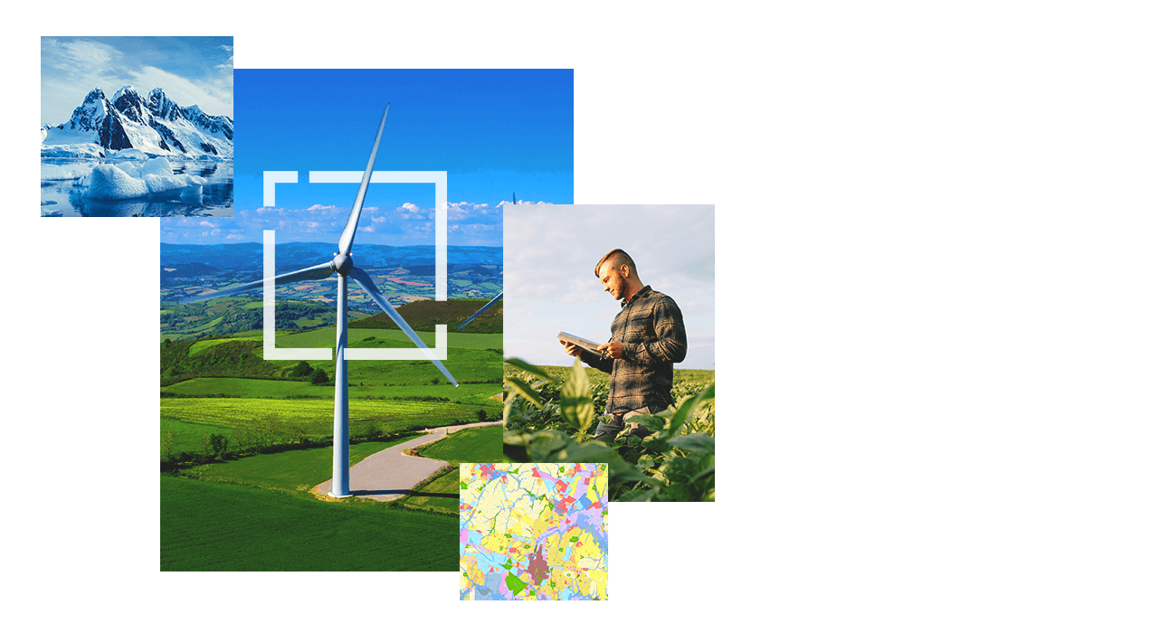Windmill; snowy mountain peak; person using a tablet in a field;  and a yellow, red, and purple shaded map