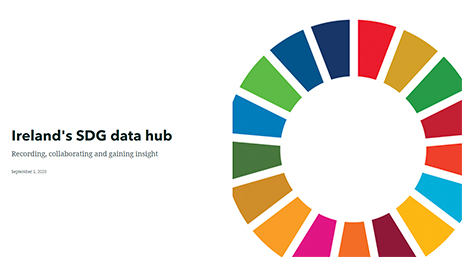 Un icono circular grande dividido en varios colores con las palabras "Hub de datos de ODS de Irlanda" alineadas hacia la izquierda del icono