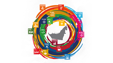 A graphic for the UAE SDG Data Hub, depicting a multicolored brush stroked circle overlaid with icons for the 17 Sustainable Development Goals, all surrounding a map that depicts the United Arab Emirates