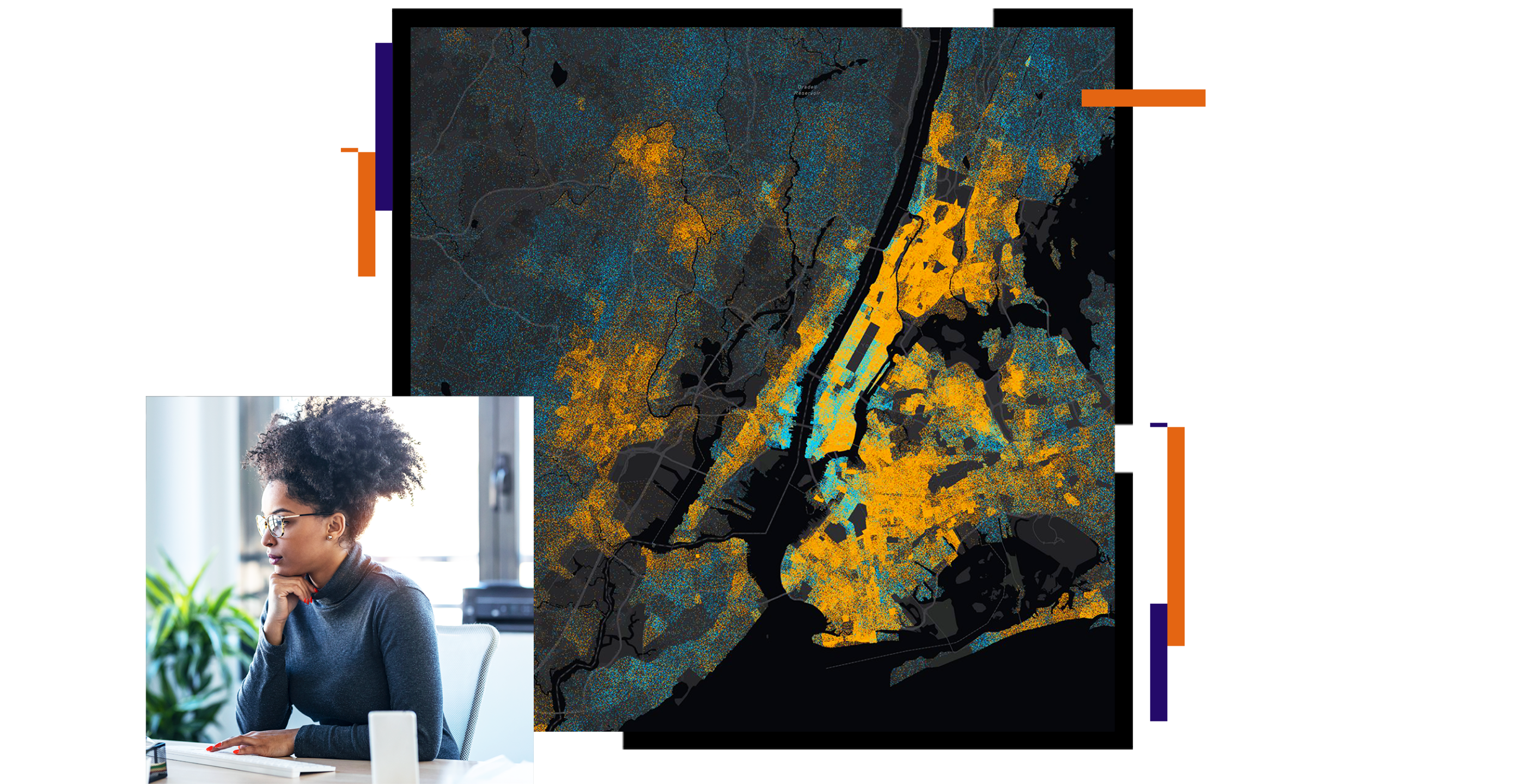 Telecom professional using GIS on a desktop computer and a map of the greater New York City area