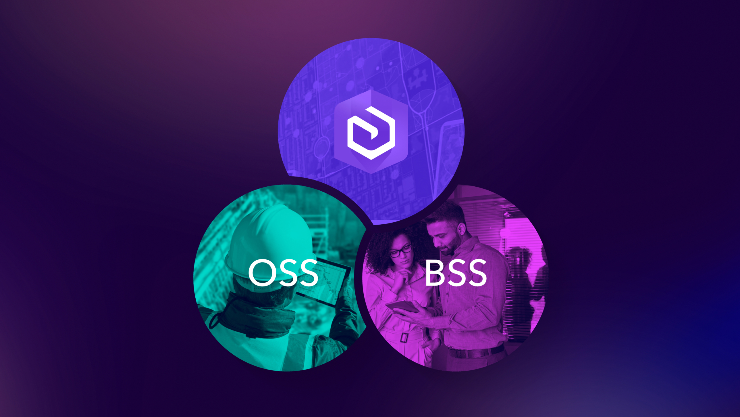 Drei sich überschneidende Kreise: einer mit dem Wort "OSS", der zweite mit dem Wort "BSS" und der dritte mit einem kreisförmigen Symbol