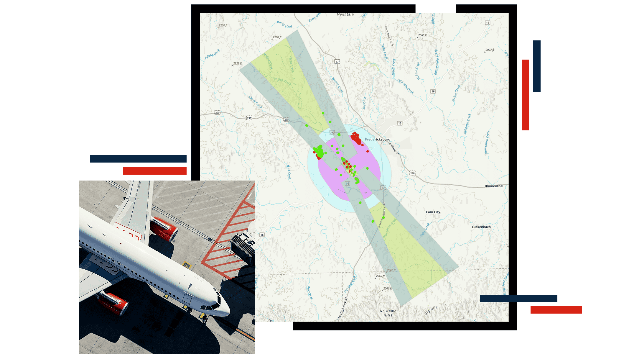 Map showing air space and safety buffers and approach and departure surfaces, and a photo of a passenger jet on the tarmac