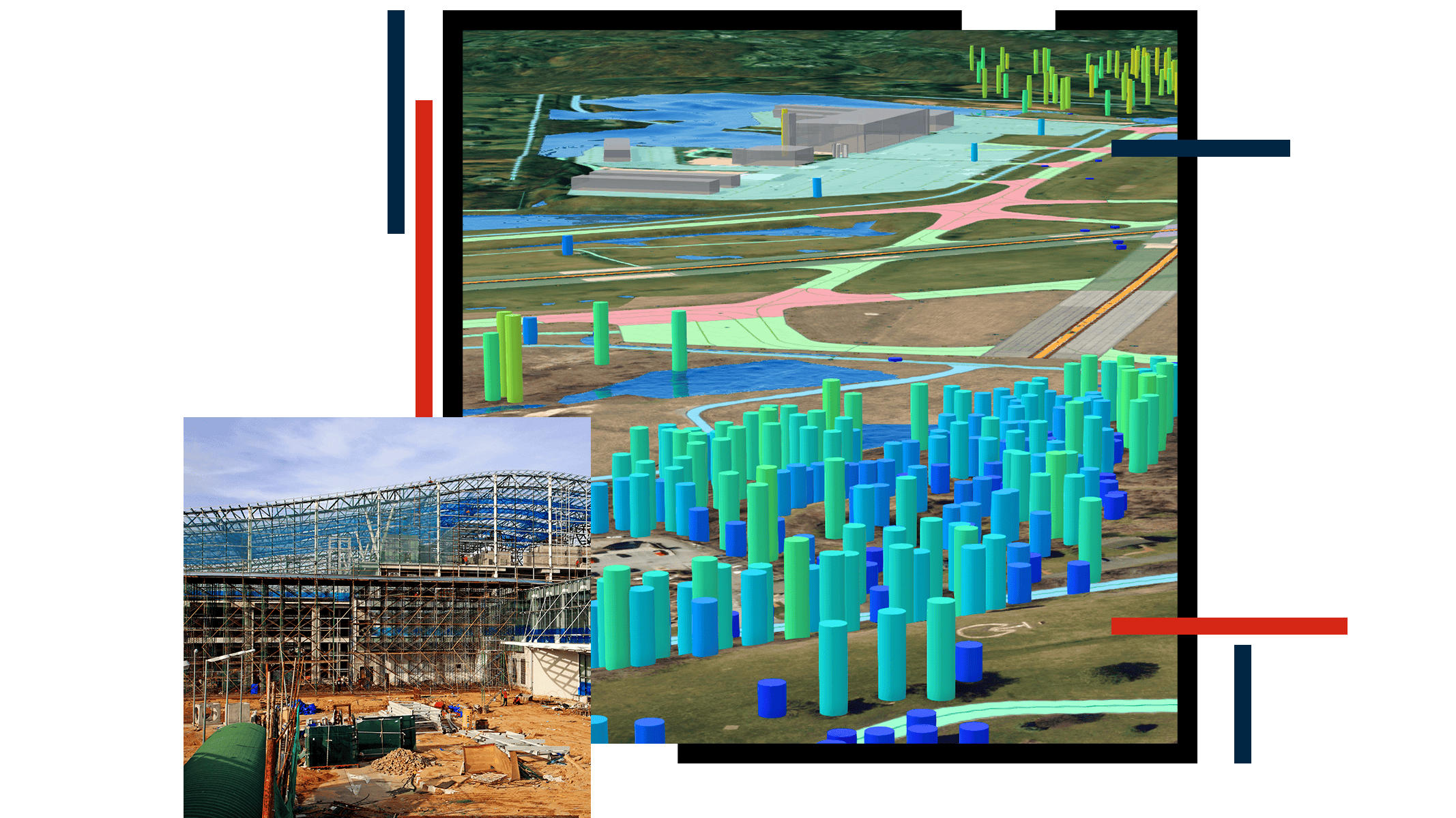 Photo of an airport terminal under construction and a 3D model shoing colored pillars at an airport