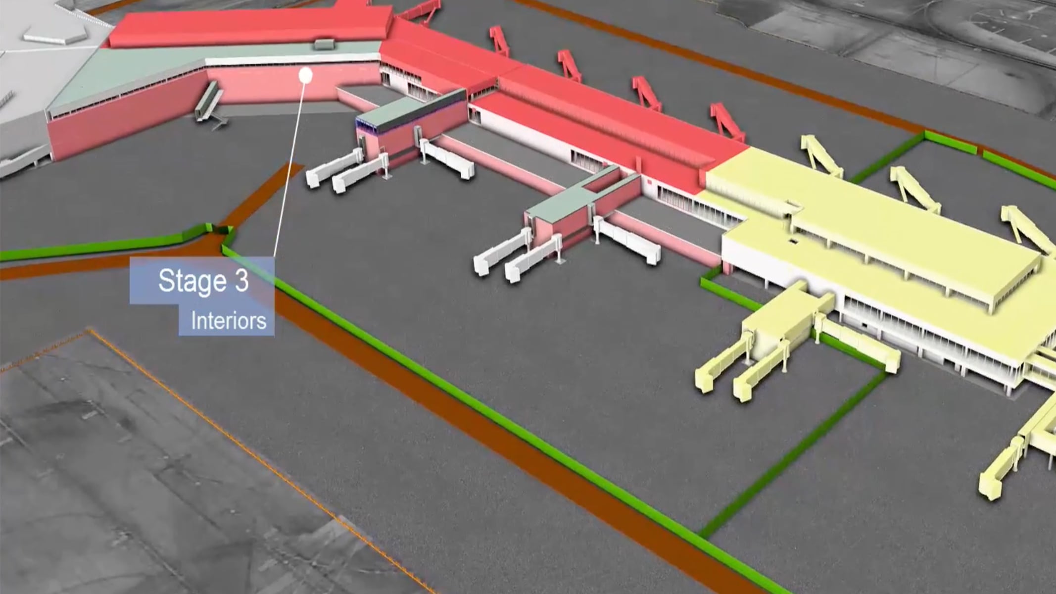 3D map of Dublin Airport showing a terminal and gates