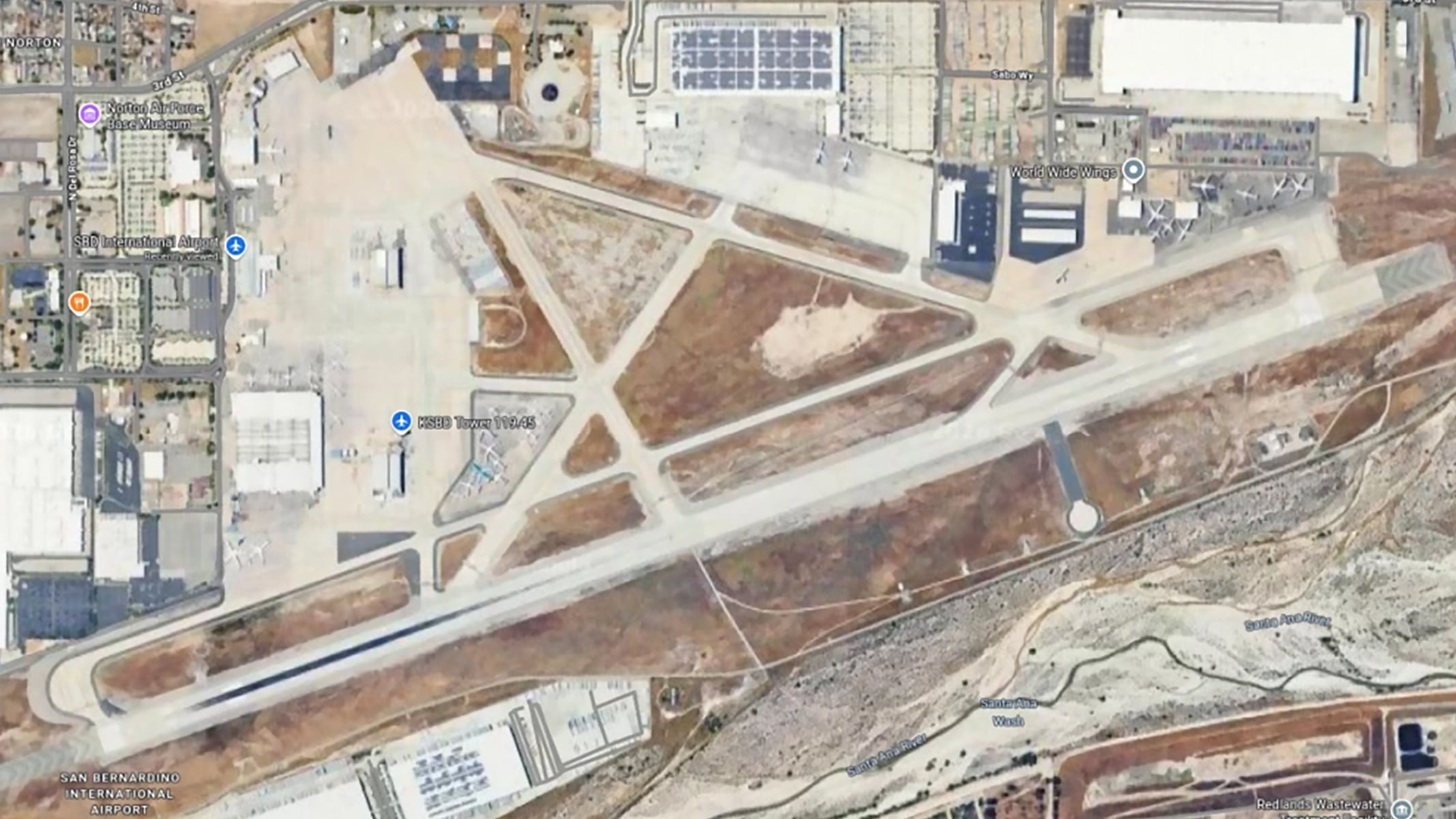 Aerial view of San Bernardino International Airport with runways and buildings