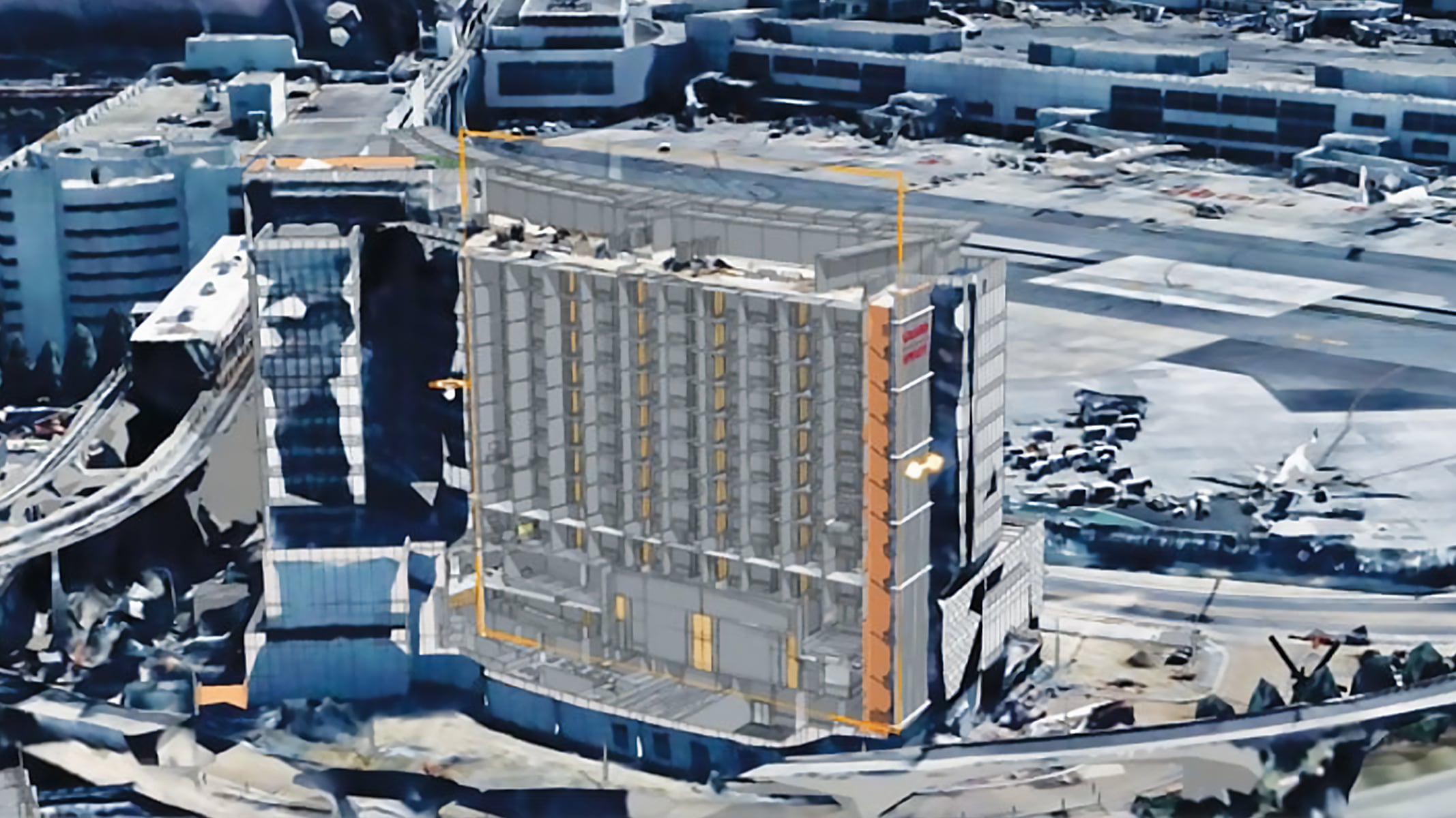 Digital model of San Francisco International Airport during construction, with a multi-story building in the foreground