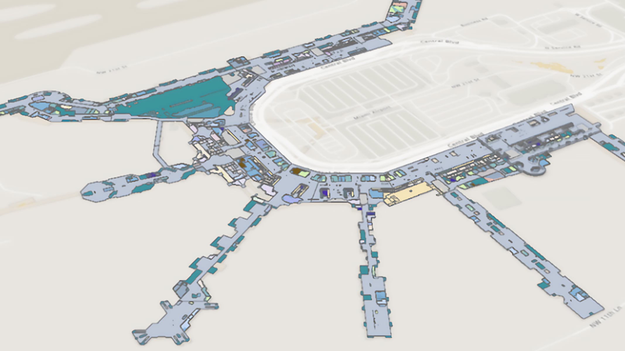 Map of a horseshoe-shaped airport terminal showing the interior layout
