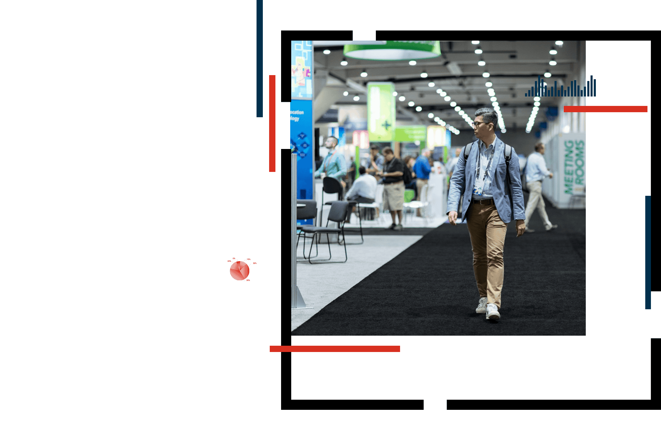Conference attendee walking through an expo with people and booths to the left