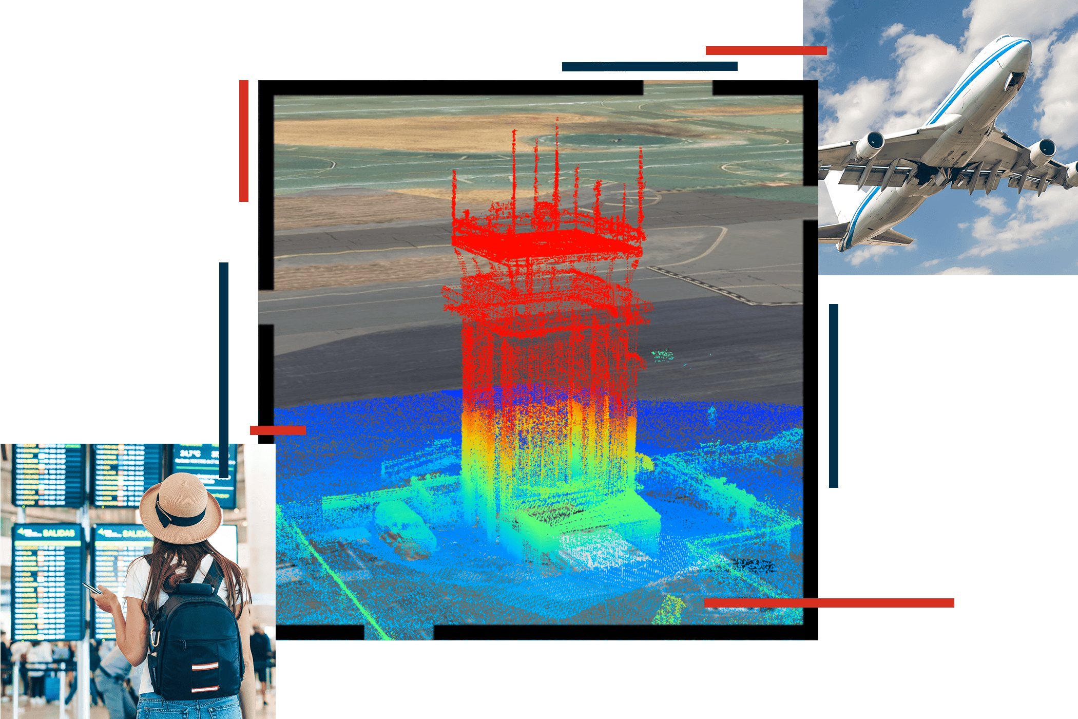 A passenger checking a flight status board, a model of an airport tower, and a passenger jet taking off