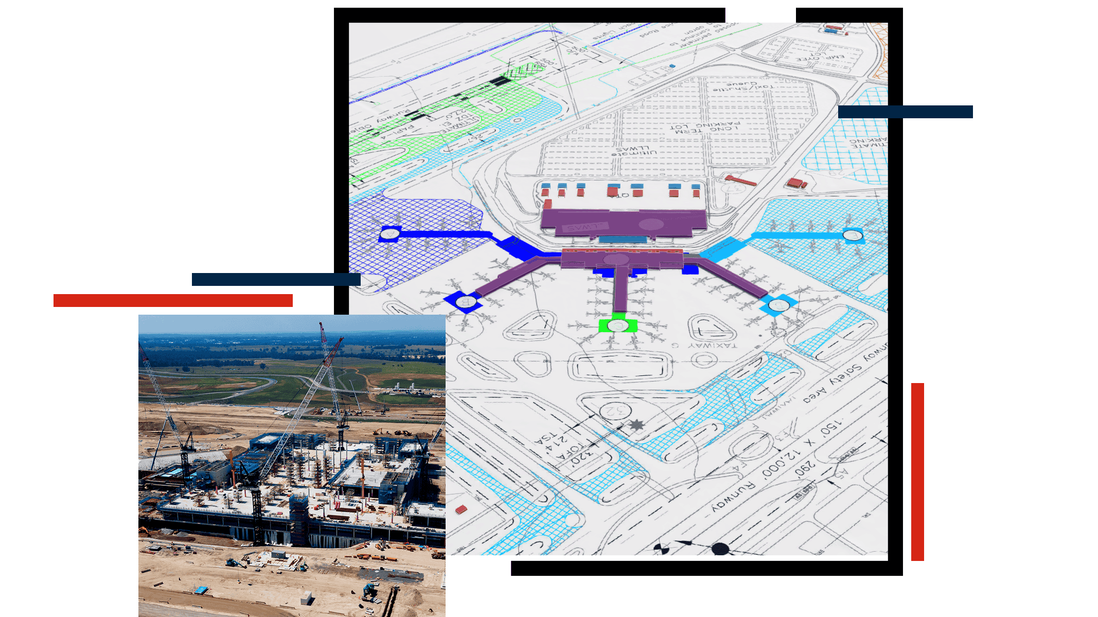 Composite image showing an airport construction site alongside a detailed architectural site plan.