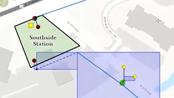 A digital map featuring an area marked in green labeled “Southside Station” and points of interest marked with red and yellow dots