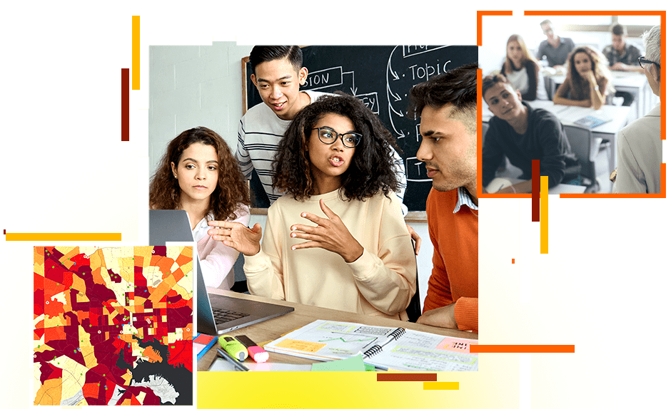 Two photos of teachers speaking with groups of students in bright modern classrooms and one district map in red and orange