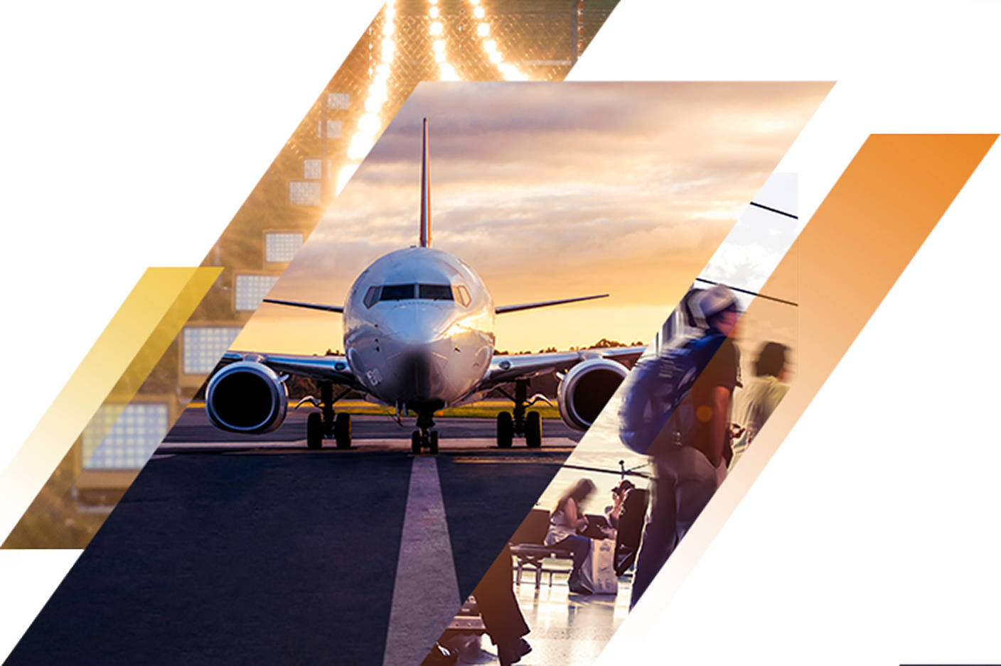 An airplane on a runway at sunset overlaid with an image of people in an airport and graphic elements