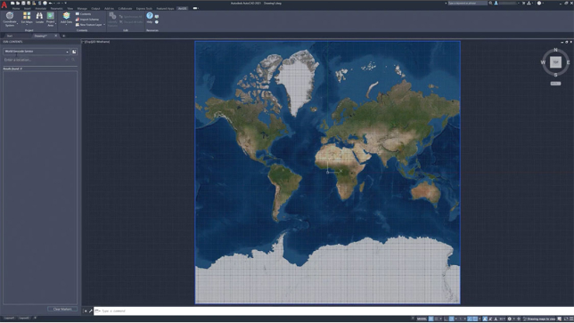 Mapa świata służąca do geolokalizacji rysunku we wtyczce ArcGIS for AutoCAD przedstawiająca kilka kontynentów w kolorze zielonym i niebieski ocean 