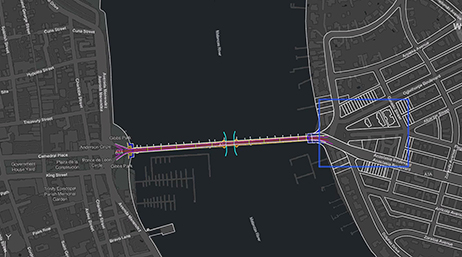 A detailed digital map displays an urban bridge design connecting two city districts across a waterway.