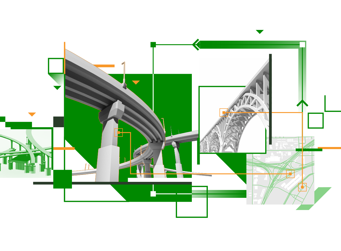Segments of bridges with green squares and rectangles along with a matching faded square digital map and square building blueprint 