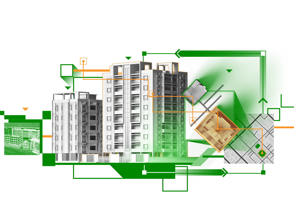 Two buildings with multiple floors in black and white surrounded by green and orange square outlines and arrow graphics with a green outline of buildings in background