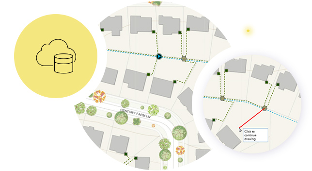 A symbol for cloud data storage overlays two circular cutouts of neighborhood maps showing electrical asset locations