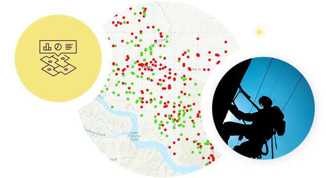 A symbol of a map with asset data overlays a digital network map and a mobile worker’s silhouette against aerial cables