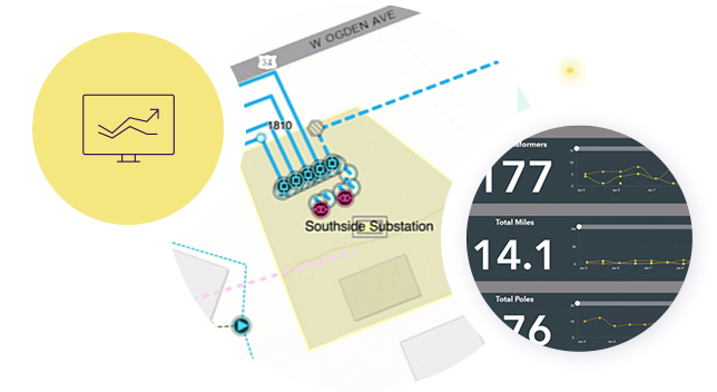 A symbol of graphs on a computer screen overlays cutouts of a substation on a map and a dashboard of network metrics