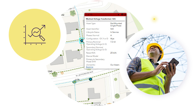 A symbol of a graph and magnifying glass overlays circles showing a map of transformer data and a worker using a mobile app