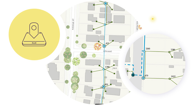 A symbol showing a “you are here” icon with a mobile device overlays two circular cutouts of electrical network maps