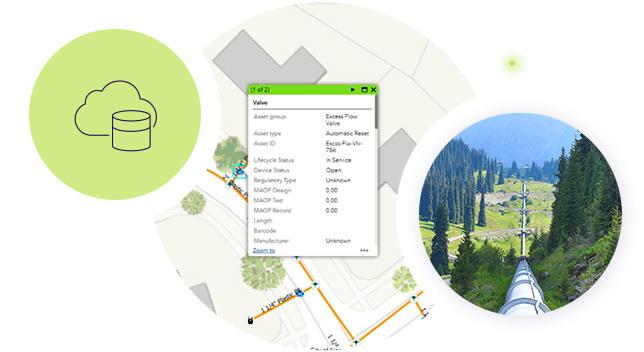 A symbol for cloud data storage overlays circles showing a map with details about a valve and a gas pipeline in a forest