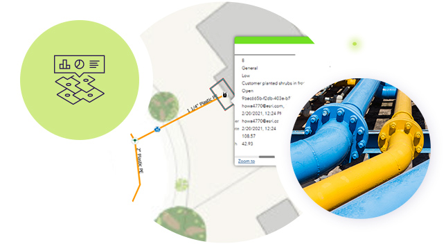 A symbol of a map with asset data overlays a digital network map and gas pipelines running parallel painted blue and yellow