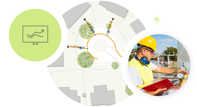 A symbol of graphs on a computer screen overlays a cul-de-sac neighborhood map and a worker checking a gauge reading