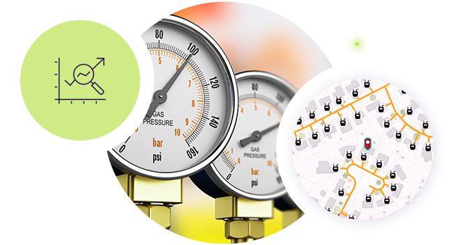 A symbol of a graph and magnifying glass overlays circles showing an up-close view of pressure gauges and a network map