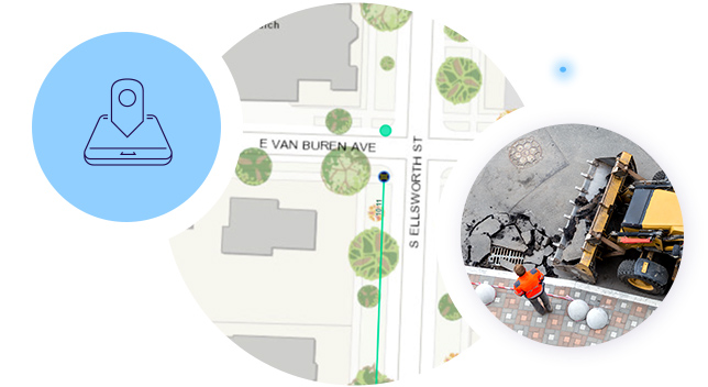 A shovel truck breaks pavement around a stormwater drain. Next to it, a network maps shows the location of the drain