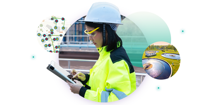 Woman with a hard hat uses a tablet in the field. She’s accompanied by images of a wastewater utility and a network map