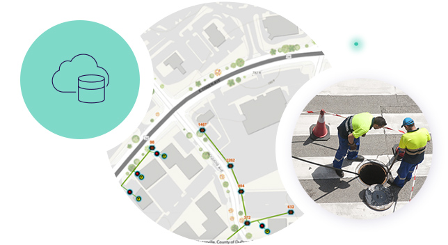 Two mobile workers look down a maintenance hole. They are accompanied by a digital network map and an icon of a cloud